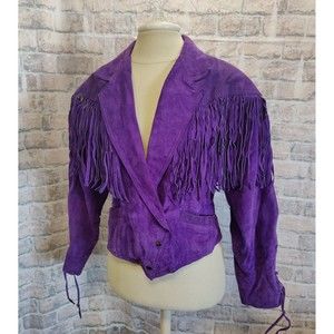 VTG Purple Suede Leather Fringe Jacket Western Style Women's Medium Conchos